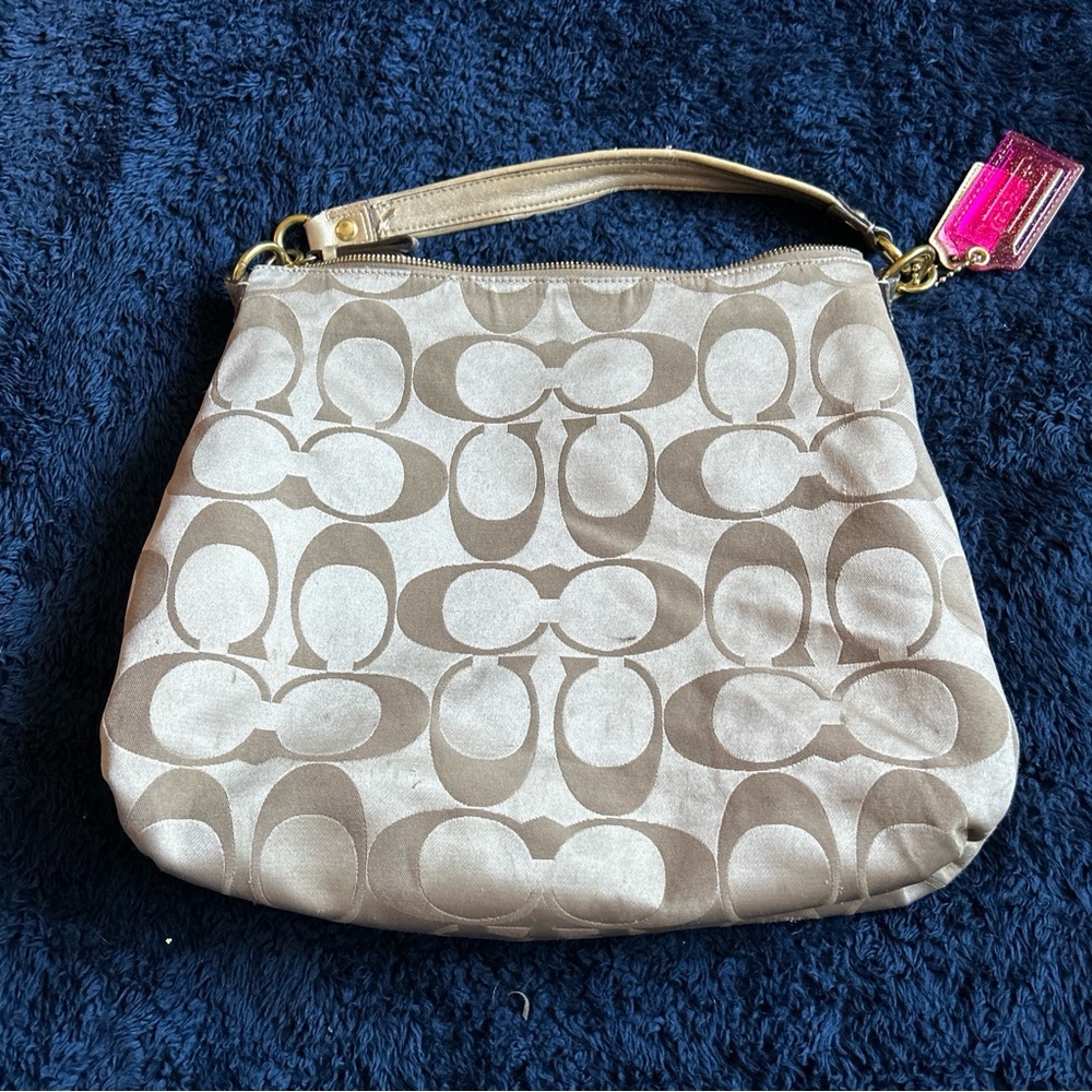 COACH BAG 12CM TOTE KHAKI IVORY SIGNATURE JACQUARD STRIPE HANDBAG SHOULDER PURSE